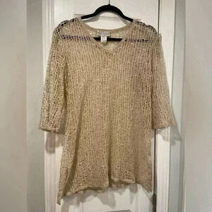 J. Validi Beige Loose Knit Stretchy 3/4 Sleeve V Neck Coverup Tunic Size Large